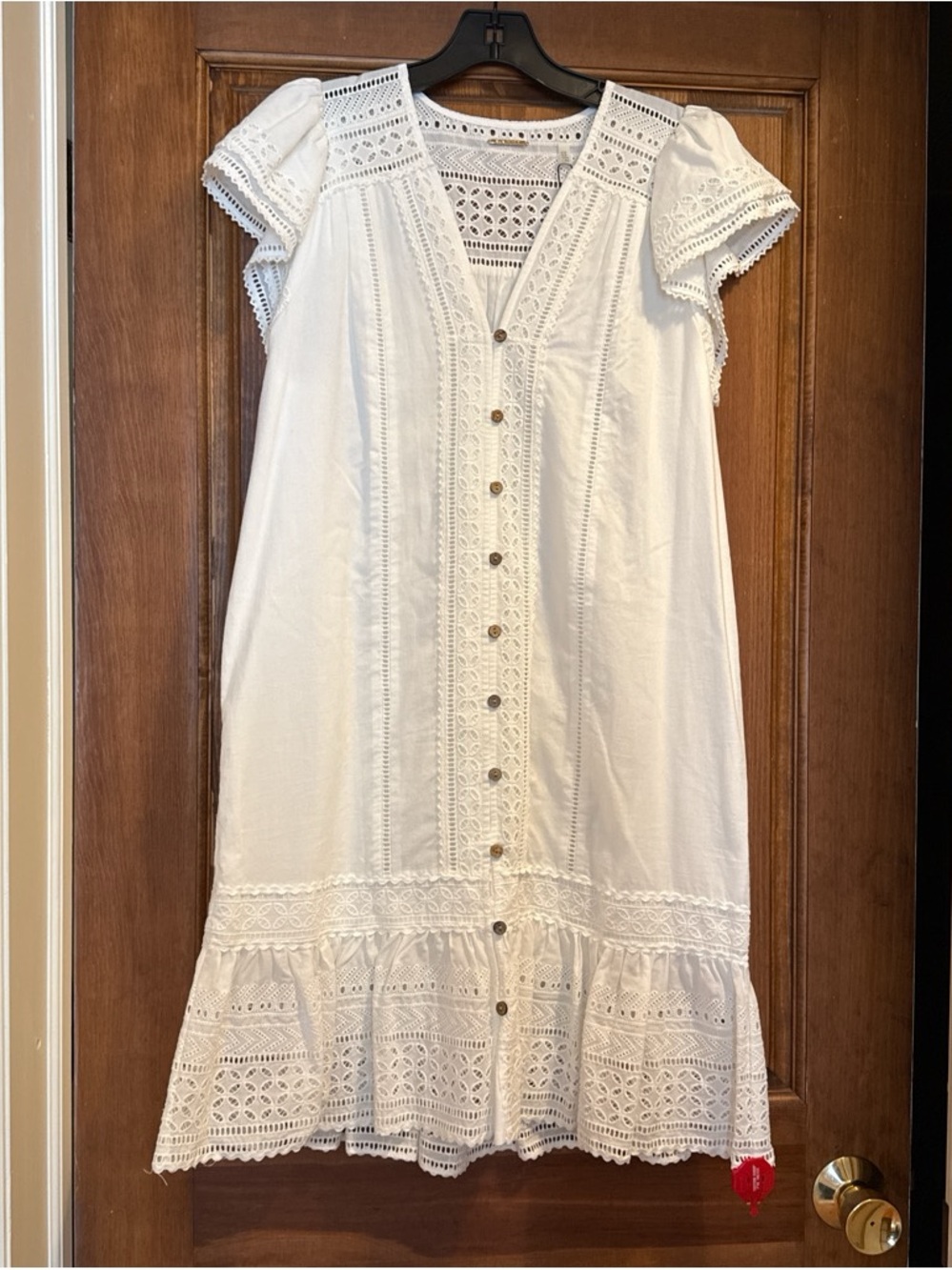Elie Tahari White Eyelet Midi Dress with Button Front